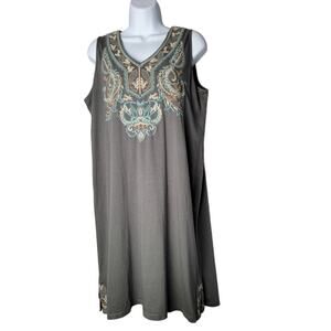 J.Jill Women’s M Green Embroidered Sleeveless Dress Cotton Tencel Boho Artsy